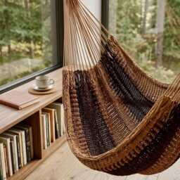 Brown Hammock Chair Handwoven Hanging Indoor Outdoor Boho Swing Seat Strong Patio Balcony Porch Cozy Woven - thumbnail 2