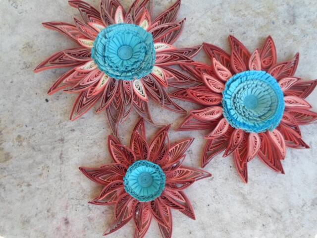 Quilled Paper Flower Wall Art Coral & Turquoise Set Of 3 - image 1