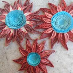 Quilled Paper Flower Wall Art Coral & Turquoise Set Of 3 - thumbnail 4