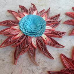 Quilled Paper Flower Wall Art Coral & Turquoise Set Of 3 - thumbnail 2