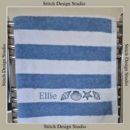 Embroidered Beach Towel, Personalised With Name Or Initials. Seashell & Starfish Design. Swimming Towel. Customised