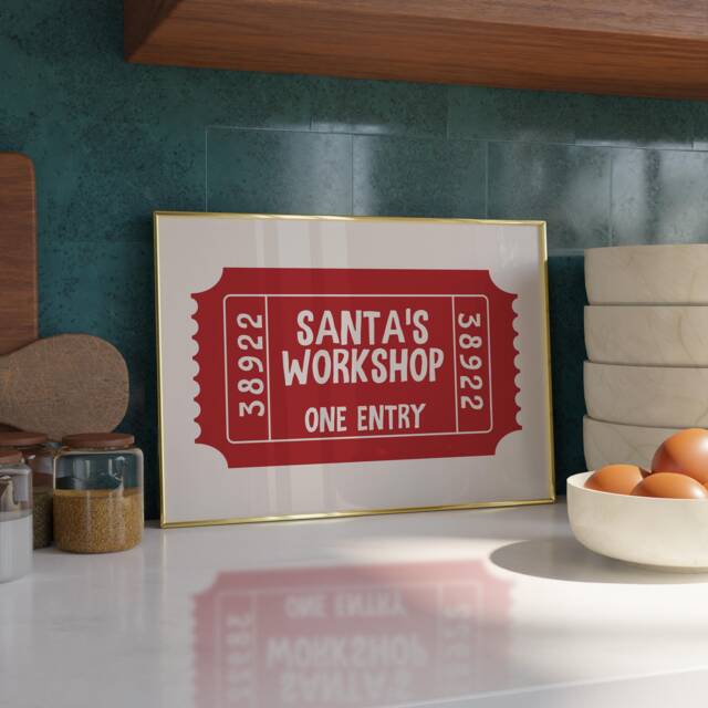 Santas Workshop Ticket Print - Dining Room Wall Art Trendy Kitchen Prints Stub Kids Christmas Printables - image 1