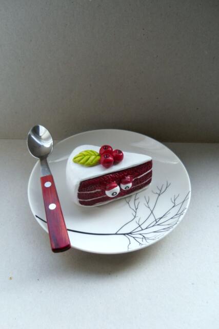 Red Velvet Cake Polymer Clay Sculpture Halloween Decor, Ooak Figurine - image 1