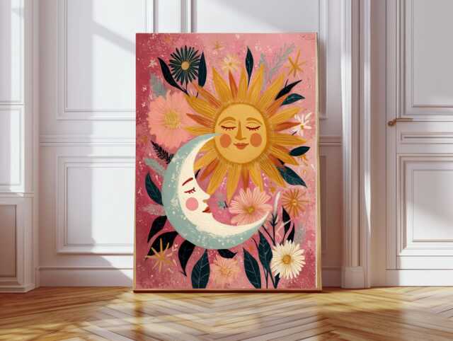 Moon & Star Art Print, Night Sky Poster, Moon Wall Decor, Art, Flower Tarot Sun Art - image 1