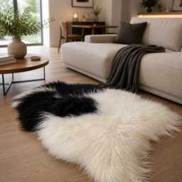 Large Black & White Icelandic Sheepskin Rug - Natural Long Haired 303