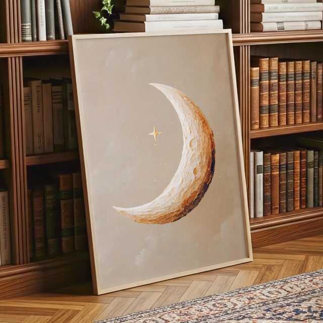 Crescent Moon Wall Art Textured Impasto Painting Neutral Taupe & Gold Celestial Nursery Bedroom Decor Poster Framed Print Canvas - image 1