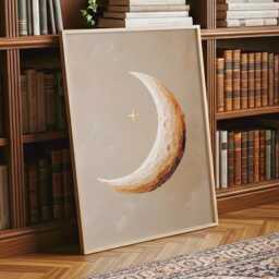 Crescent Moon Wall Art Textured Impasto Painting Neutral Taupe & Gold Celestial Nursery Bedroom Decor Poster Framed Print Canvas - thumbnail 1