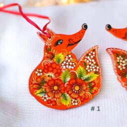Fox Ornament Hand Painted Christmas Ornament, Handmade Wooden Fox, Ukrainian Petrykivka Ornaments, Woodland Animal Ornaments - thumbnail 3
