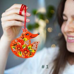 Fox Ornament Hand Painted Christmas Ornament, Handmade Wooden Fox, Ukrainian Petrykivka Ornaments, Woodland Animal Ornaments - thumbnail 4