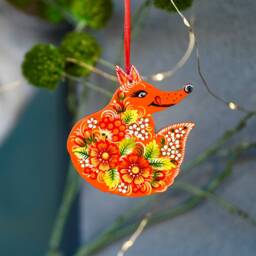 Fox Ornament Hand Painted Christmas Ornament, Handmade Wooden Fox, Ukrainian Petrykivka Ornaments, Woodland Animal Ornaments