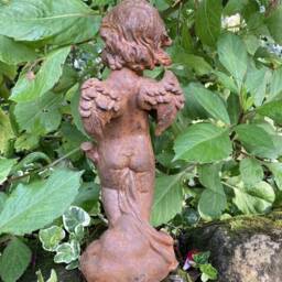 Metal Rusty Cast Iron Harp Playing Musical Cherub Statue Ornament - thumbnail 3