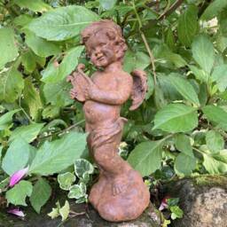 Metal Rusty Cast Iron Harp Playing Musical Cherub Statue Ornament - thumbnail 2