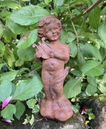 Metal Rusty Cast Iron Harp Playing Musical Cherub Statue Ornament - thumbnail 1