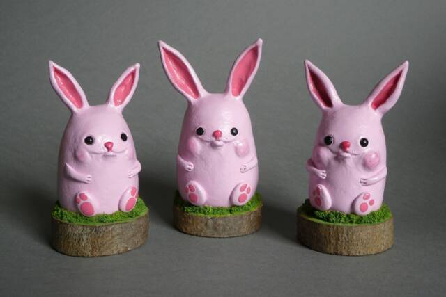 Polymer Clay Pink Bunny Figurine, Fantasy Art Doll - image 1