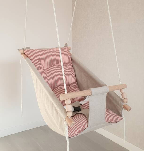 Natural Linen Baby Swing With Red Stripe, Handmade Kids Hammock - image 1