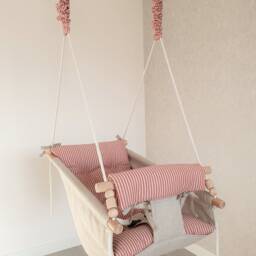 Natural Linen Baby Swing With Red Stripe, Handmade Kids Hammock - thumbnail 2