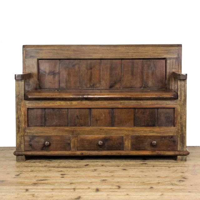 Rustic Pine Settle With Drawers - Furniture Bench - M-6680 - image 1