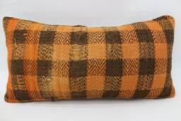 Orange Diamond Kilim Pillow Cover, Vintage Turkish Wool, 12x24 Lumbar - thumbnail 1