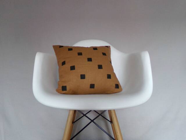Brown Linen Pillow Cover Black Squares Block Printed Geometric Neutral Decorative Throw Cushion Bedding Accent Tawny Natural Hand Painted - image 1