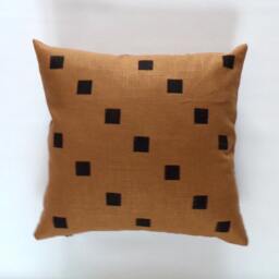 Brown Linen Pillow Cover Black Squares Block Printed Geometric Neutral Decorative Throw Cushion Bedding Accent Tawny Natural Hand Painted - thumbnail 2