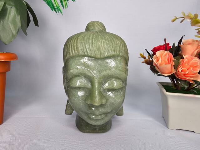 Green Jade Gautam Buddha Head Sculpture, Gemstone Figurine, Spiritual Crystal Gifts Religious Altar Decor - image 1