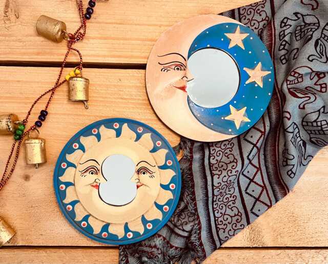 Wooden Wall Mirror, Set Of Two Crescent Moon & Stars Mirrors, Round Handmade, Fair Trade, Ethically Sourced Mirror - image 1
