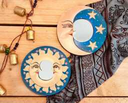 Wooden Wall Mirror, Set Of Two Crescent Moon & Stars Mirrors, Round Handmade, Fair Trade, Ethically Sourced Mirror