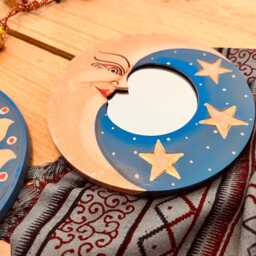Wooden Wall Mirror, Set Of Two Crescent Moon & Stars Mirrors, Round Handmade, Fair Trade, Ethically Sourced Mirror - thumbnail 4