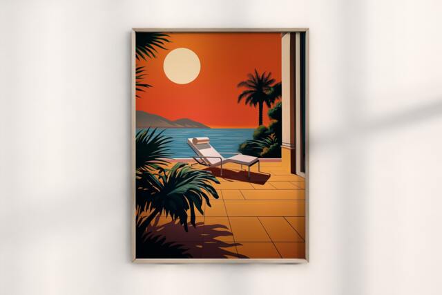 Retrowave Bauhaus Sunset Poster, Hiroshi Nagai Inspired Art, Chaise Lounge D??cor, Tropical Scene, Sunset Aesthetic Wall Print - image 1