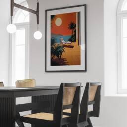Retrowave Bauhaus Sunset Poster, Hiroshi Nagai Inspired Art, Chaise Lounge D??cor, Tropical Scene, Sunset Aesthetic Wall Print - thumbnail 2