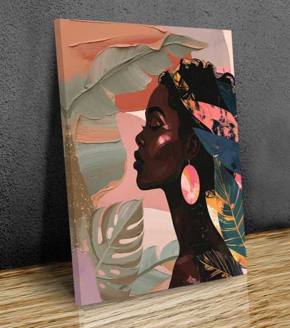 Modern African Woman Portrait Canvas Print, Textured Boho Wall Art - image 1