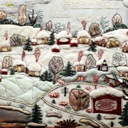 Handmade Winter Village Patchwork Cross Stitch Wall Decor - 53x40 cm - thumbnail 2