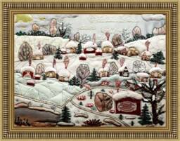 Handmade Winter Village Patchwork Cross Stitch Wall Decor - 53x40 cm - thumbnail 1