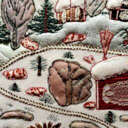Handmade Winter Village Patchwork Cross Stitch Wall Decor - 53x40 cm - thumbnail 3