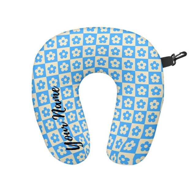 Personalised Multicoloured Floral Chequered Print Travel Neck Pillow - Support Cushion - image 1