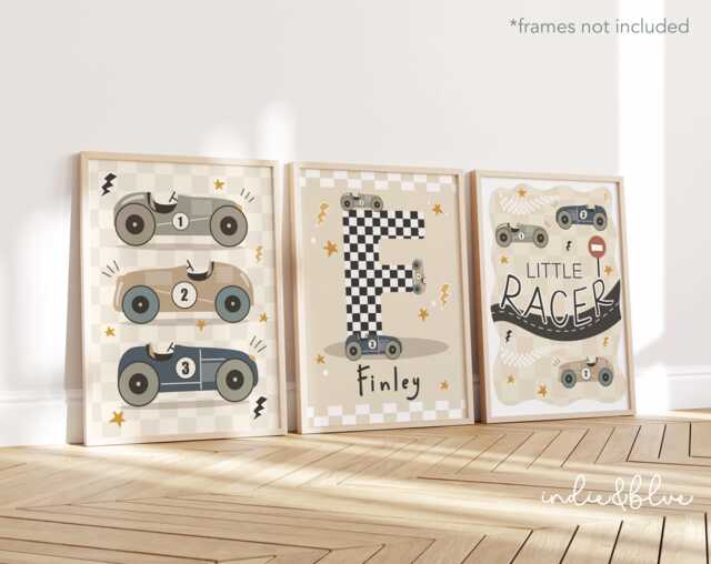 Set Of 3 Personalised Race Car Name Prints in Neutral Colours, Retro Vintage Little Racer Checkered Flag Initial Print For Boy Bedroom - image 1