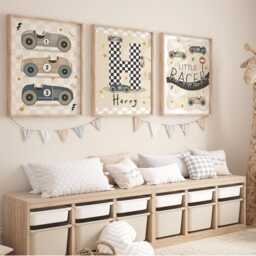 Set Of 3 Personalised Race Car Name Prints in Neutral Colours, Retro Vintage Little Racer Checkered Flag Initial Print For Boy Bedroom - thumbnail 2