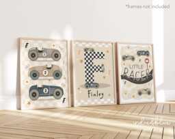 Set Of 3 Personalised Race Car Name Prints in Neutral Colours, Retro Vintage Little Racer Checkered Flag Initial Print For Boy Bedroom - thumbnail 1