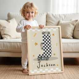Set Of 3 Personalised Race Car Name Prints in Neutral Colours, Retro Vintage Little Racer Checkered Flag Initial Print For Boy Bedroom - thumbnail 3