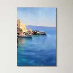 Santorini Harbour 3 Panel Split Canvas Wall Art Fishing Boats Mediterranean Coastal Landscape Oil Painting Framed Home Decor Gift - thumbnail 4