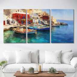 Santorini Harbour 3 Panel Split Canvas Wall Art Fishing Boats Mediterranean Coastal Landscape Oil Painting Framed Home Decor Gift - thumbnail 2
