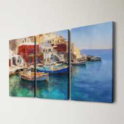 Santorini Harbour 3 Panel Split Canvas Wall Art Fishing Boats Mediterranean Coastal Landscape Oil Painting Framed Home Decor Gift