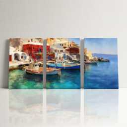Santorini Harbour 3 Panel Split Canvas Wall Art Fishing Boats Mediterranean Coastal Landscape Oil Painting Framed Home Decor Gift - thumbnail 3
