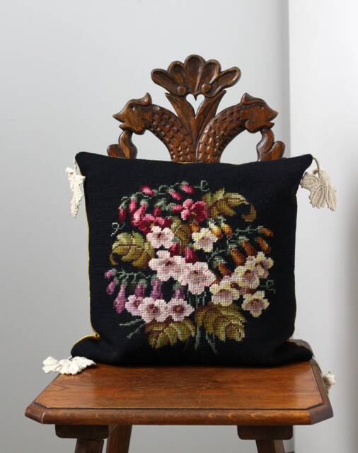 Needlepoint Cushion Handmade Victorian With An Antique Tapestry Fox Gloves & French Crochet Trim - image 1