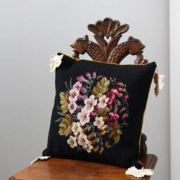 Needlepoint Cushion Handmade Victorian With An Antique Tapestry Fox Gloves & French Crochet Trim - thumbnail 2