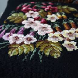 Needlepoint Cushion Handmade Victorian With An Antique Tapestry Fox Gloves & French Crochet Trim - thumbnail 3