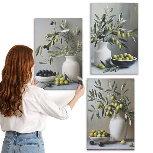 Canvas Set Of 3 - Olives in Vases With Branches On A Gray Background, Green Wall Art Print, Plants & Flowers Hanging Piece - image 1