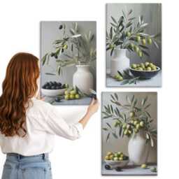Canvas Set Of 3 - Olives in Vases With Branches On A Gray Background, Green Wall Art Print, Plants & Flowers Hanging Piece - thumbnail 1