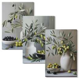 Canvas Set Of 3 - Olives in Vases With Branches On A Gray Background, Green Wall Art Print, Plants & Flowers Hanging Piece - thumbnail 2