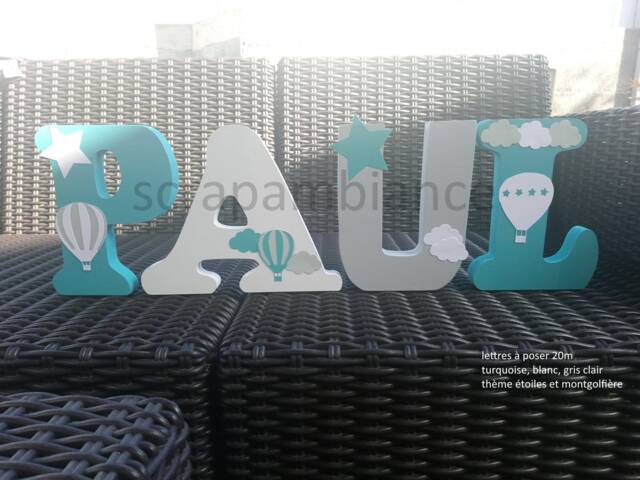 Wooden First Name Letter, Baby To Put Down, Personalized With Hot Air Balloon Theme, Star Cloud, Birth Gift - image 1